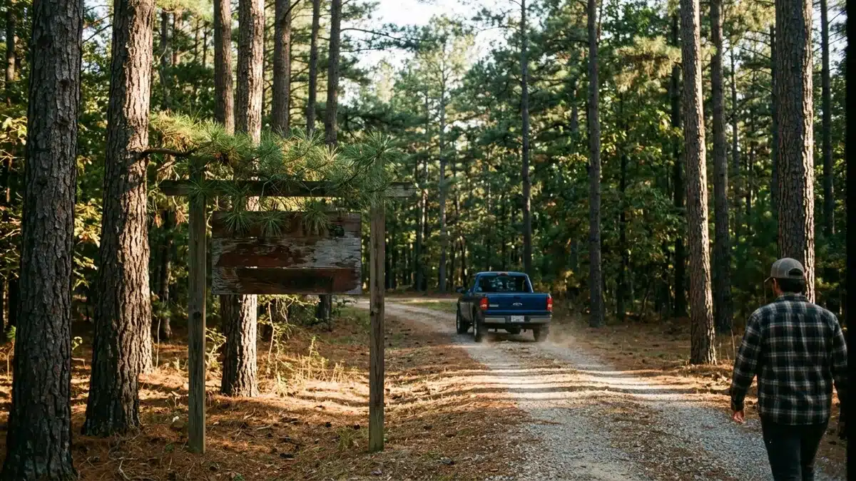 Cabin driveway entrance at golden hour, one of the Broken Bow cabin rentals near Beavers Bend