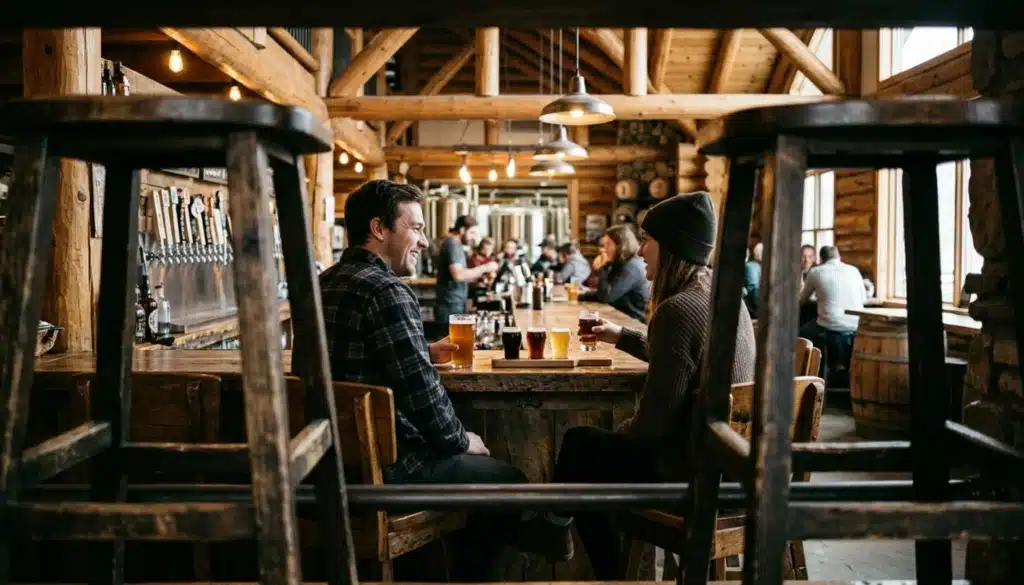 Friends at a taproom bar with a beer flight, a typical stop on brewery tours Broken Bow visitors plan in Hochatown