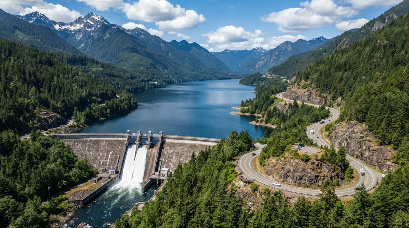Aerial view of a mountain lake with a concrete dam, evergreen forests and snow-capped peaks near Broken Bow Lake, Broken Bow