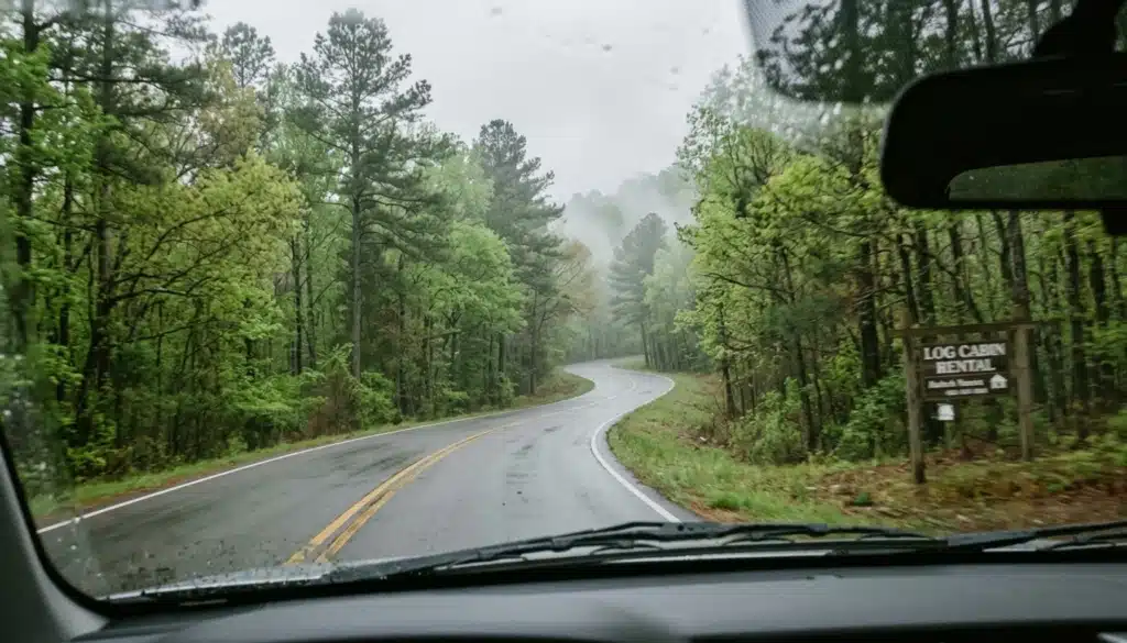 Misty US-259 through pine forest, a scenic local tip for visiting Broken Bow before booking a cabin